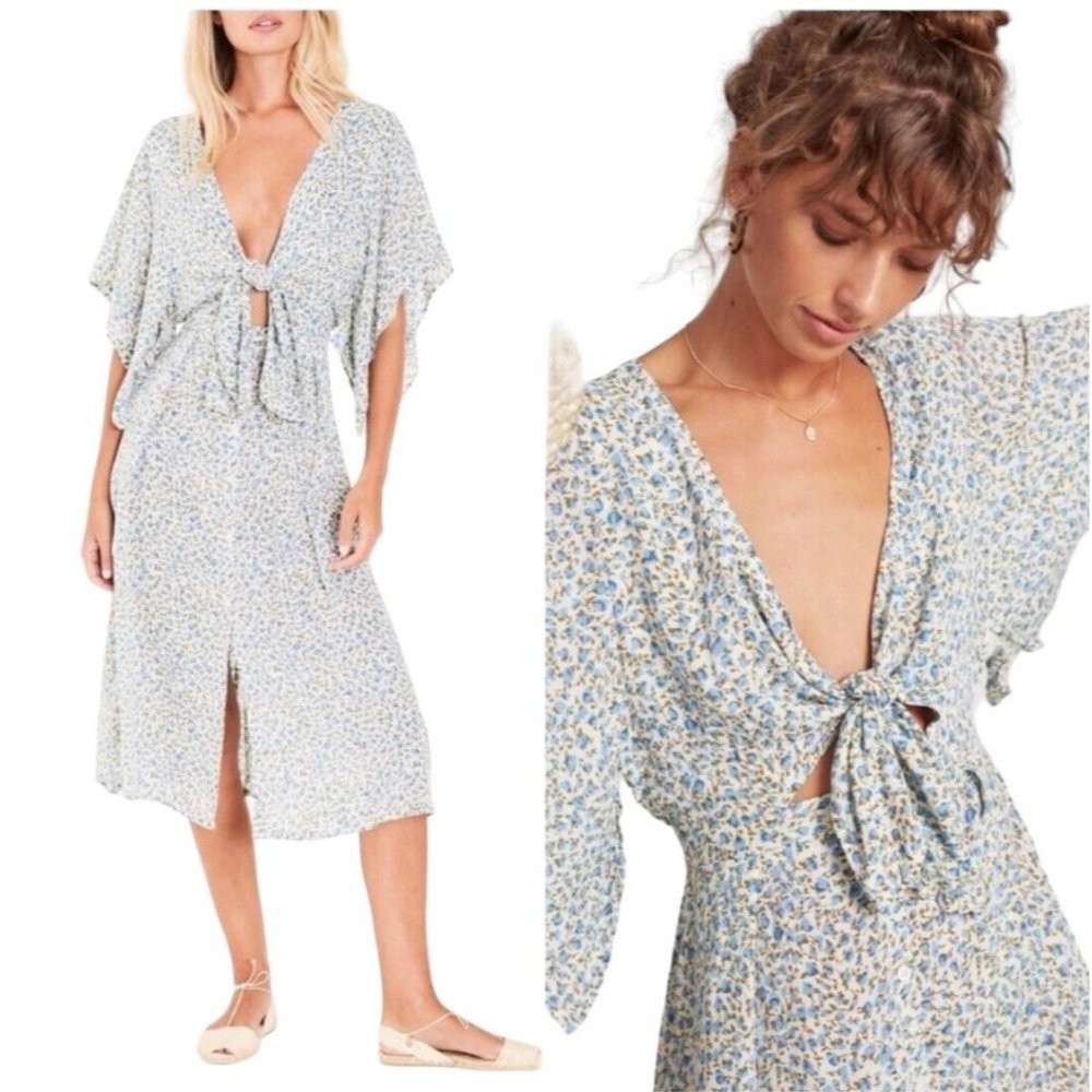 Faithfull The Brand Massimo Floral Cutout Tie Front Midi Dress Blue Yellow US 4